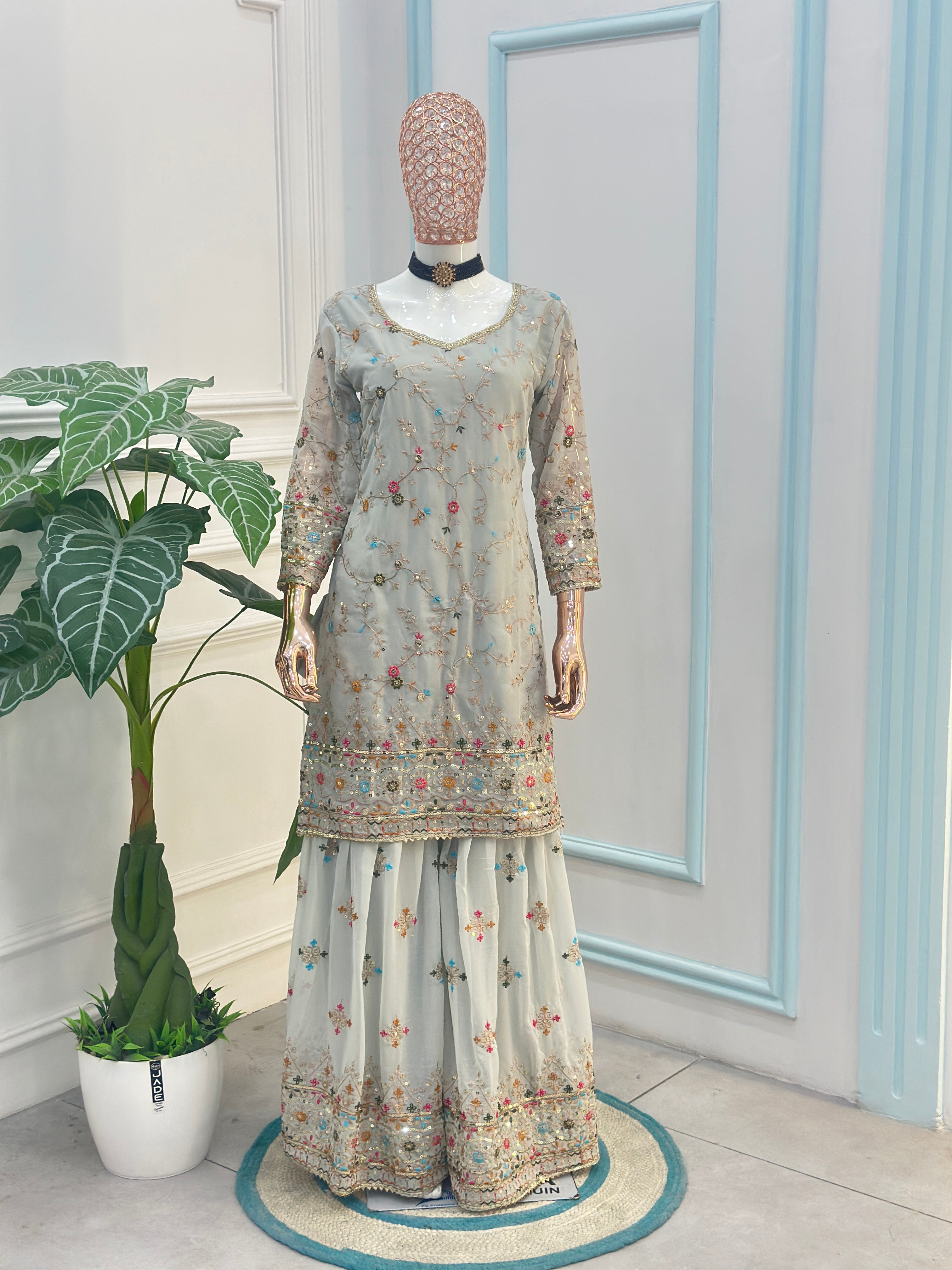Mint Elegance Embroidered Sharara Set