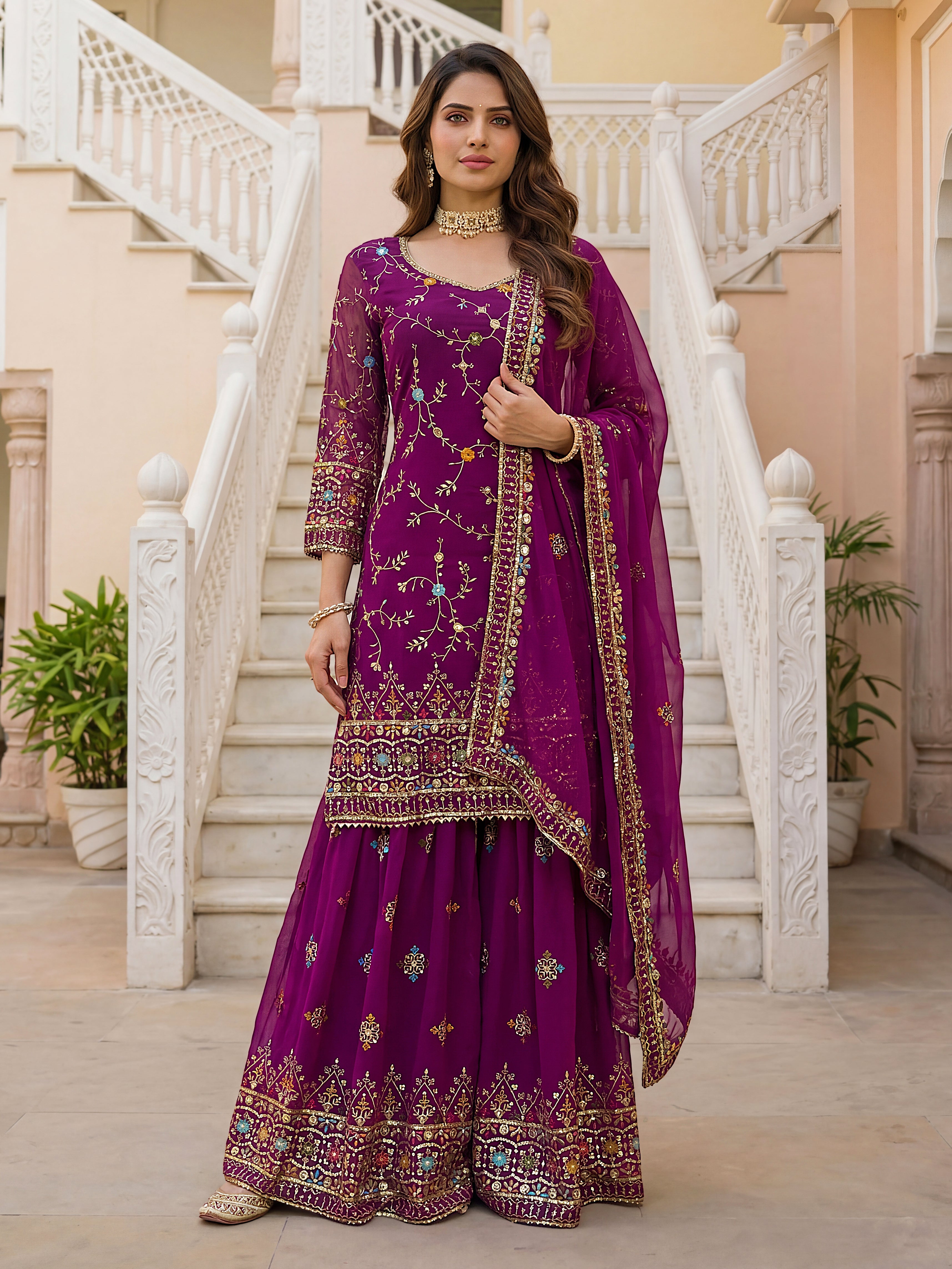 Mint Elegance Embroidered Sharara Set