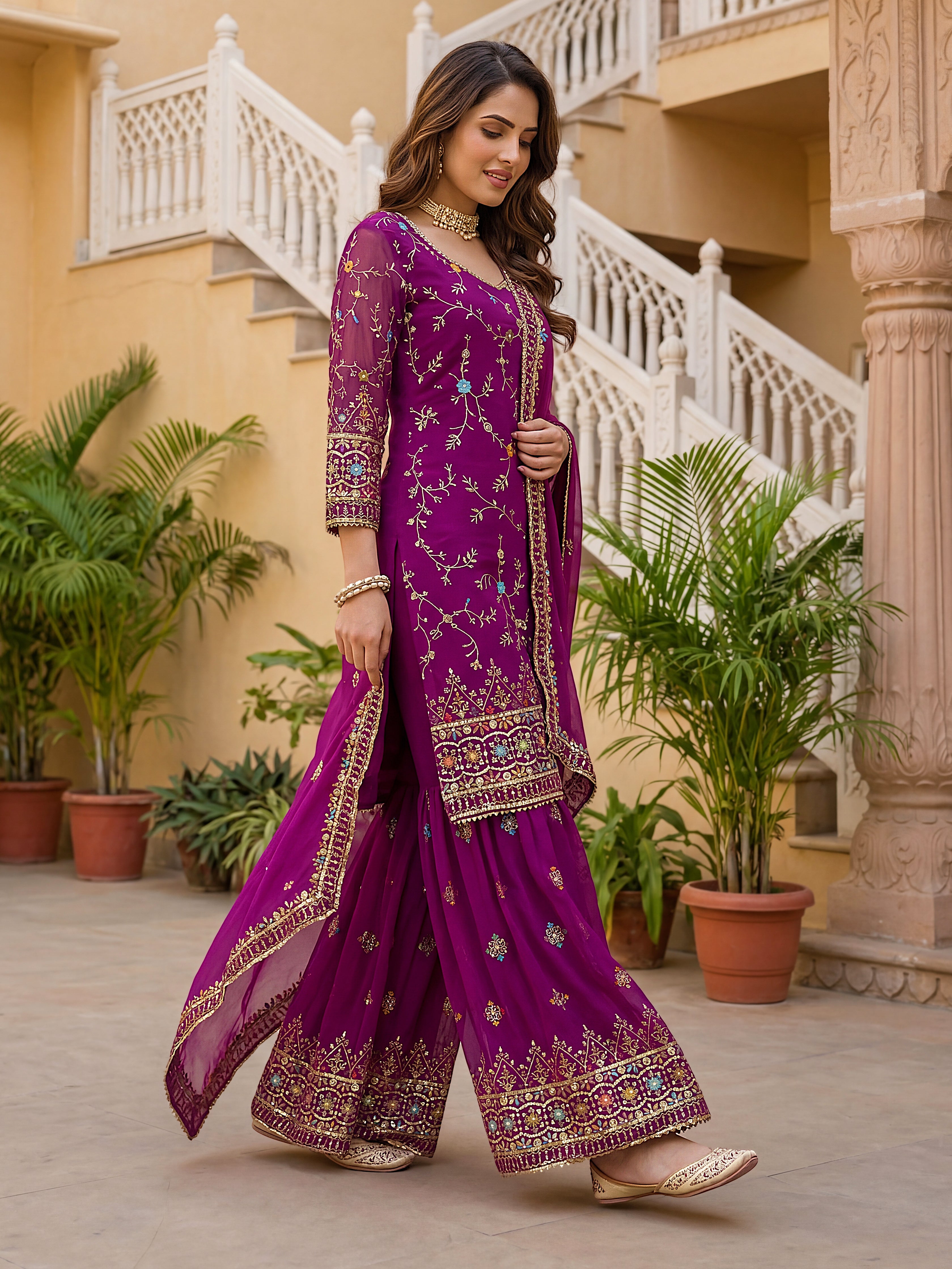 Mint Elegance Embroidered Sharara Set