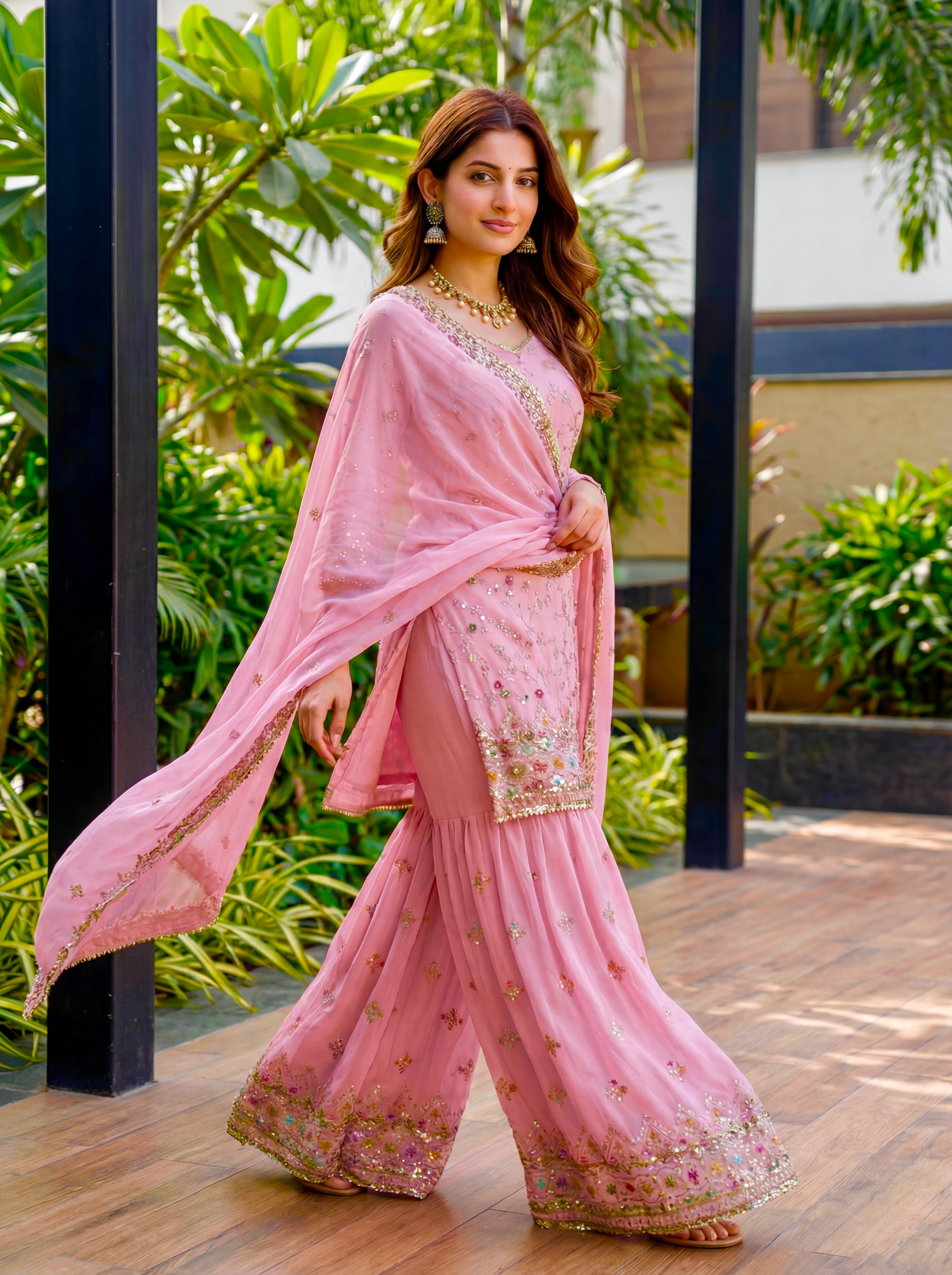 Mint Elegance Embroidered Sharara Set
