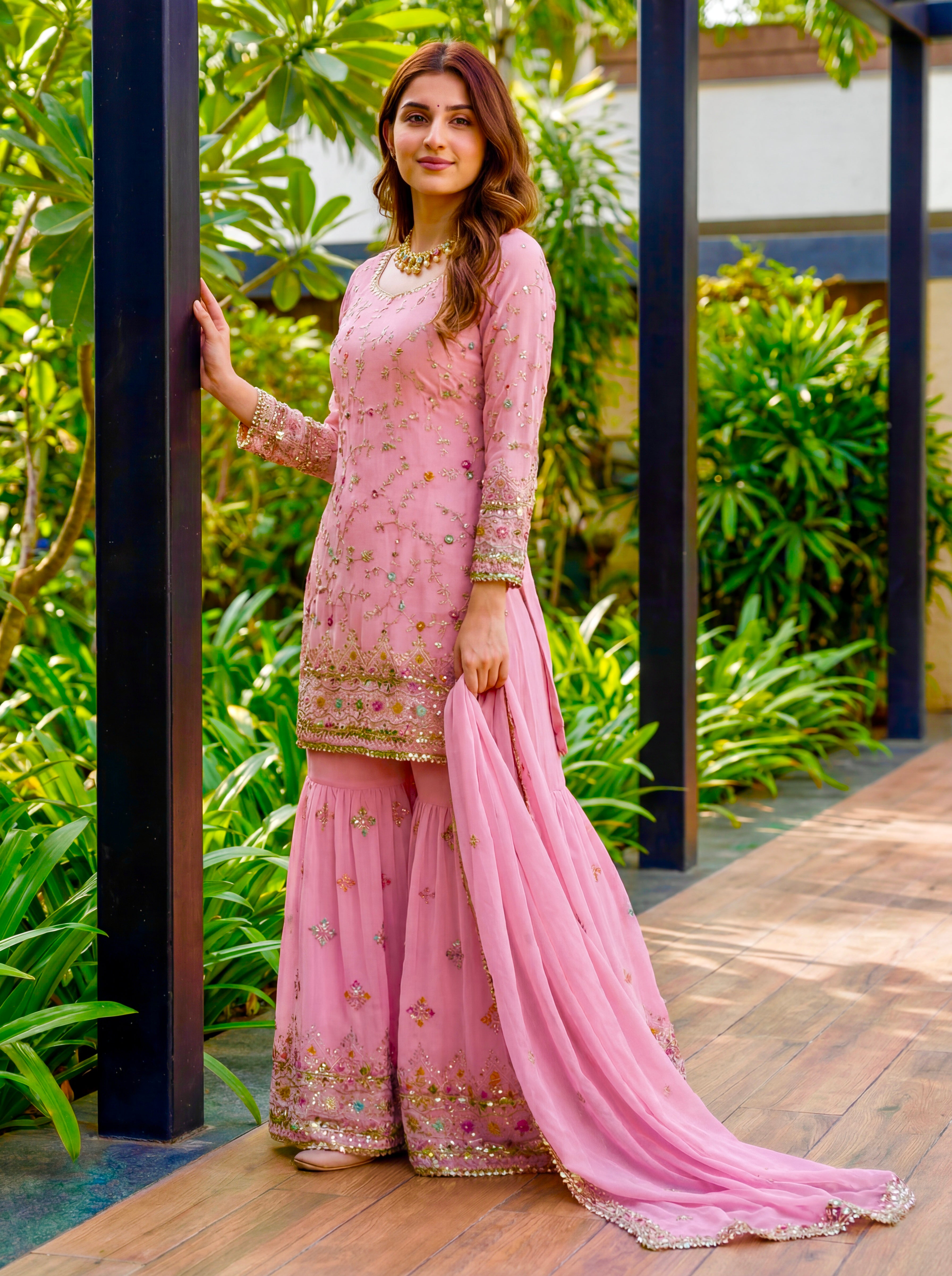 Mint Elegance Embroidered Sharara Set