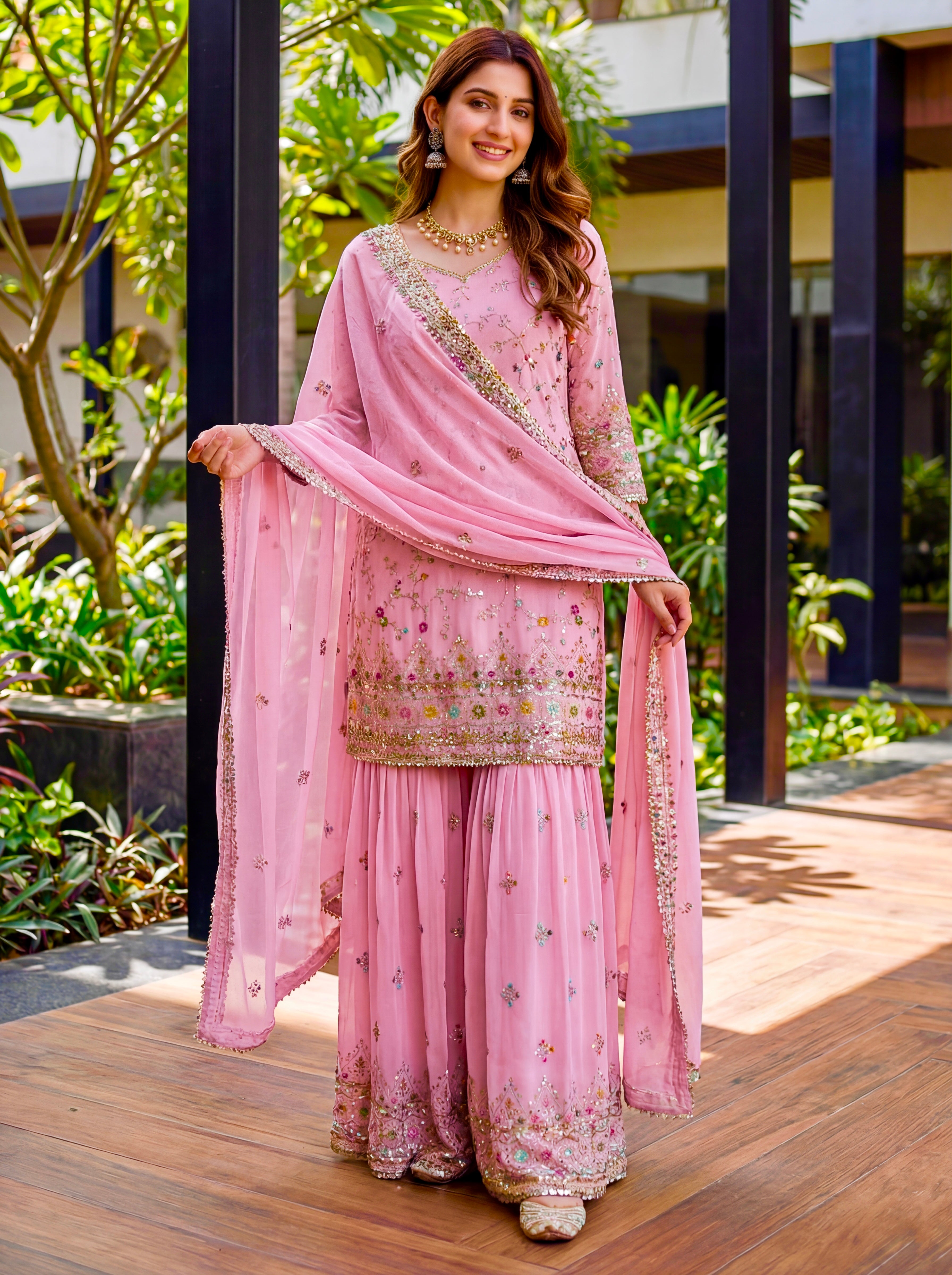 Mint Elegance Embroidered Sharara Set
