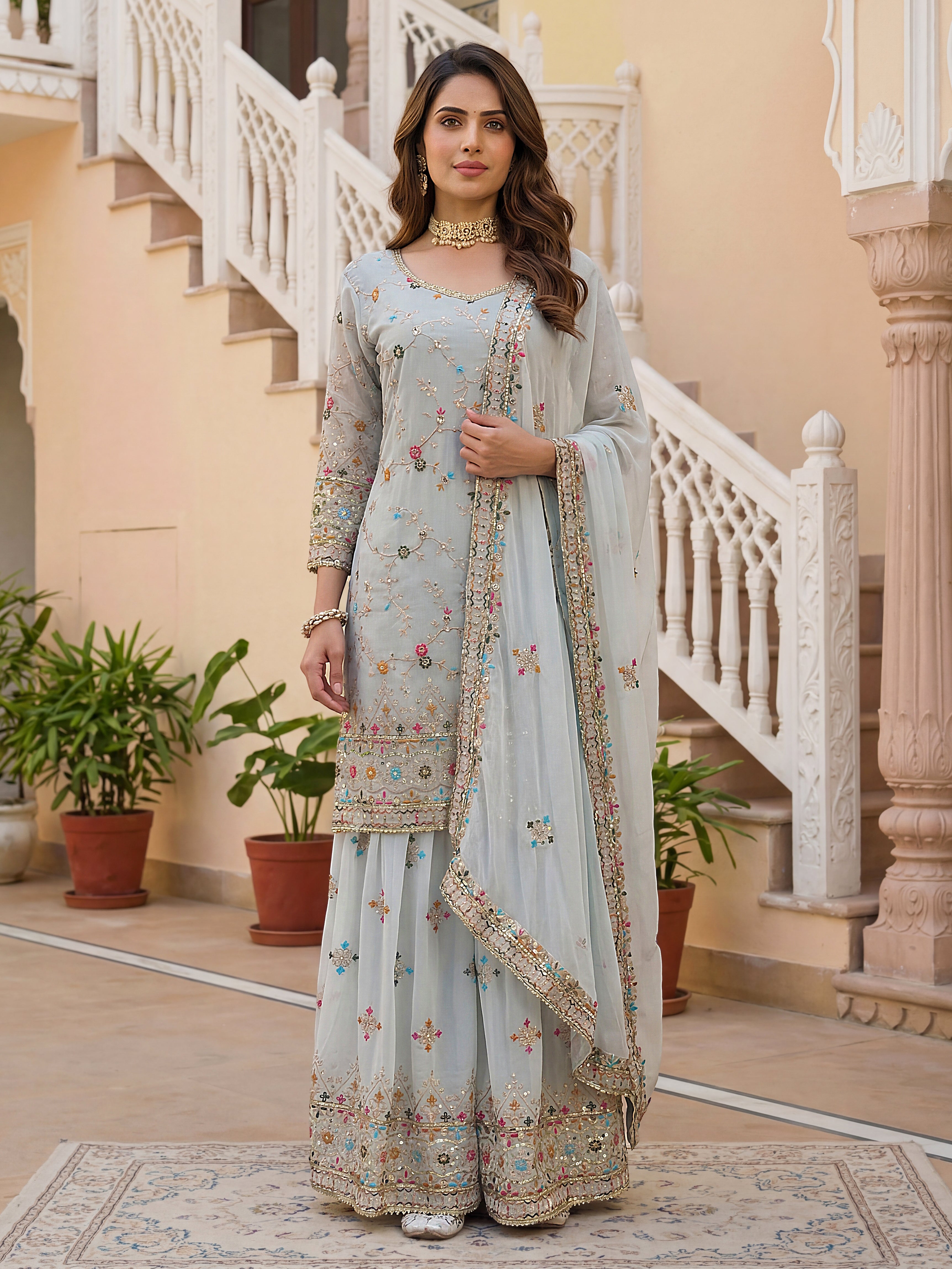 Mint Elegance Embroidered Sharara Set