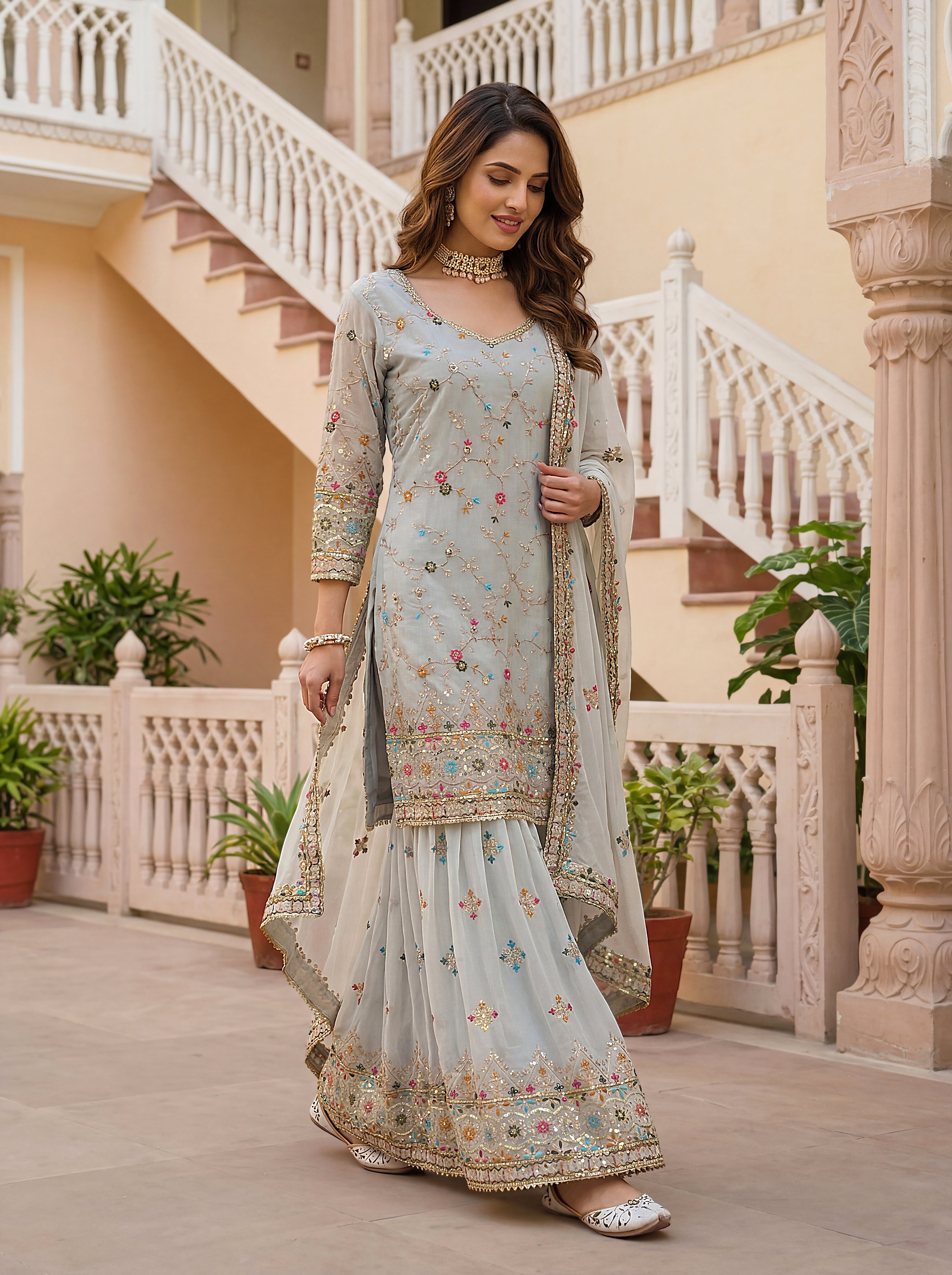Mint Elegance Embroidered Sharara Set