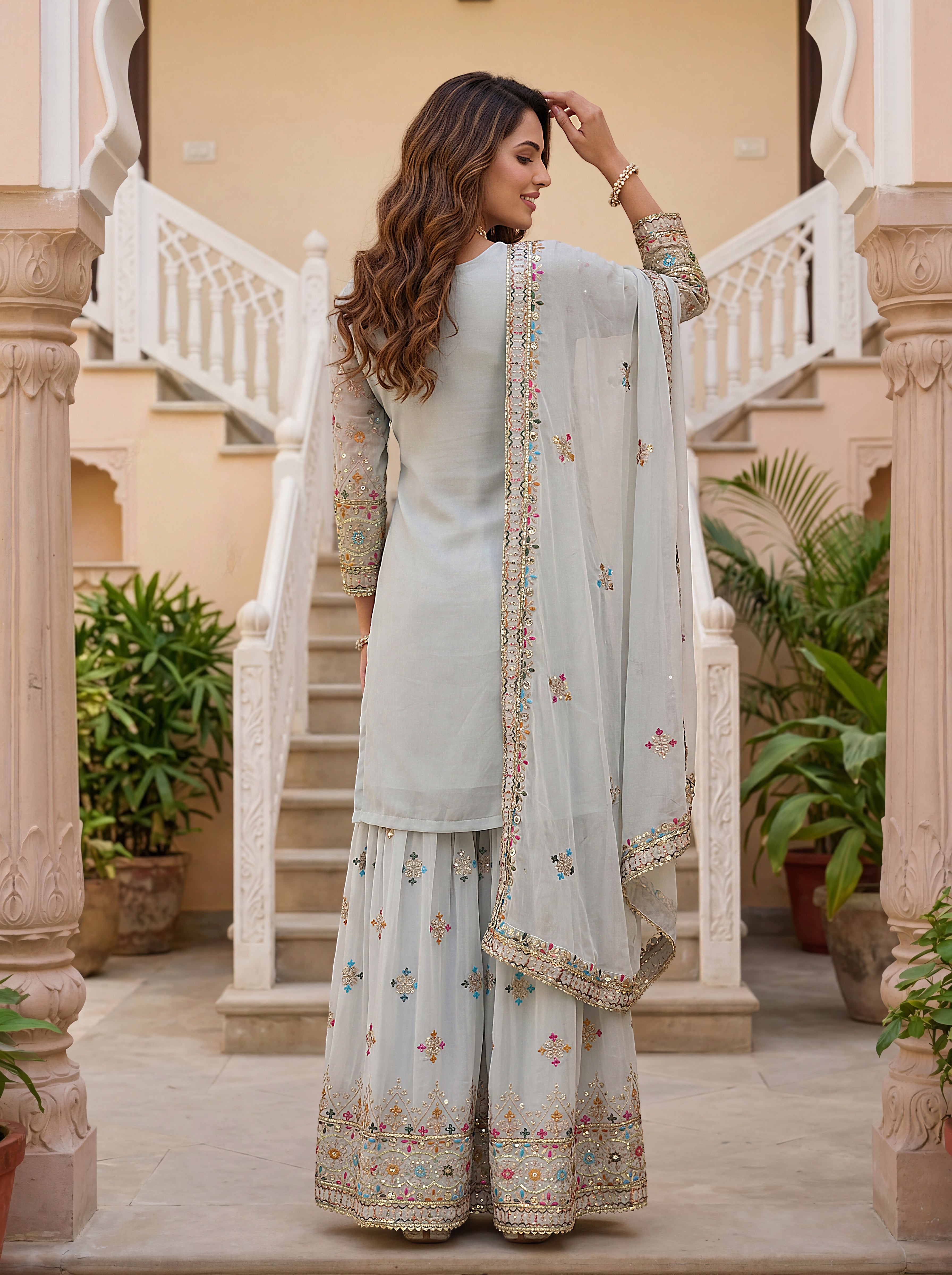 Mint Elegance Embroidered Sharara Set