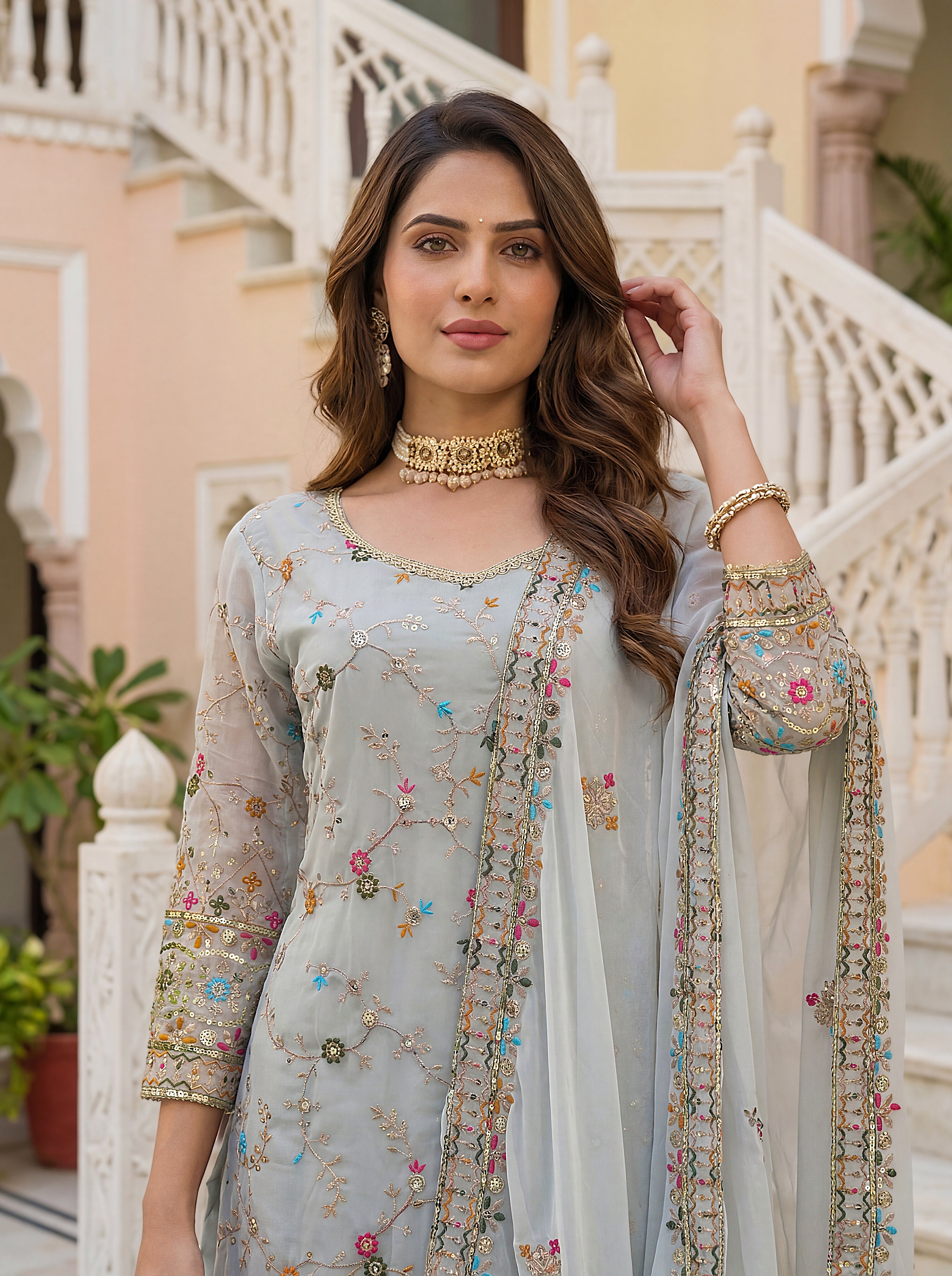 Mint Elegance Embroidered Sharara Set