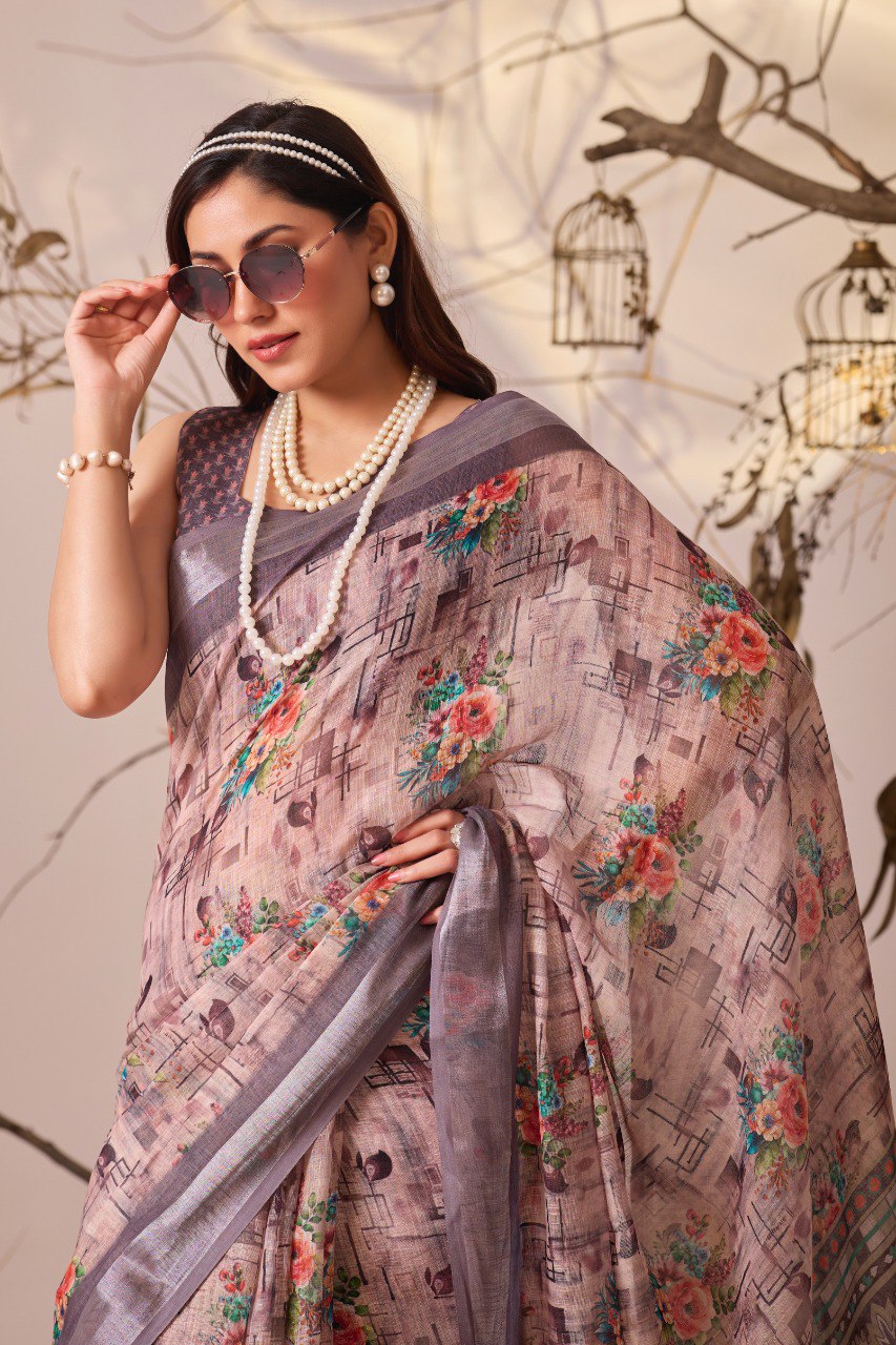 Graceful Printed Linen Cotton Saree