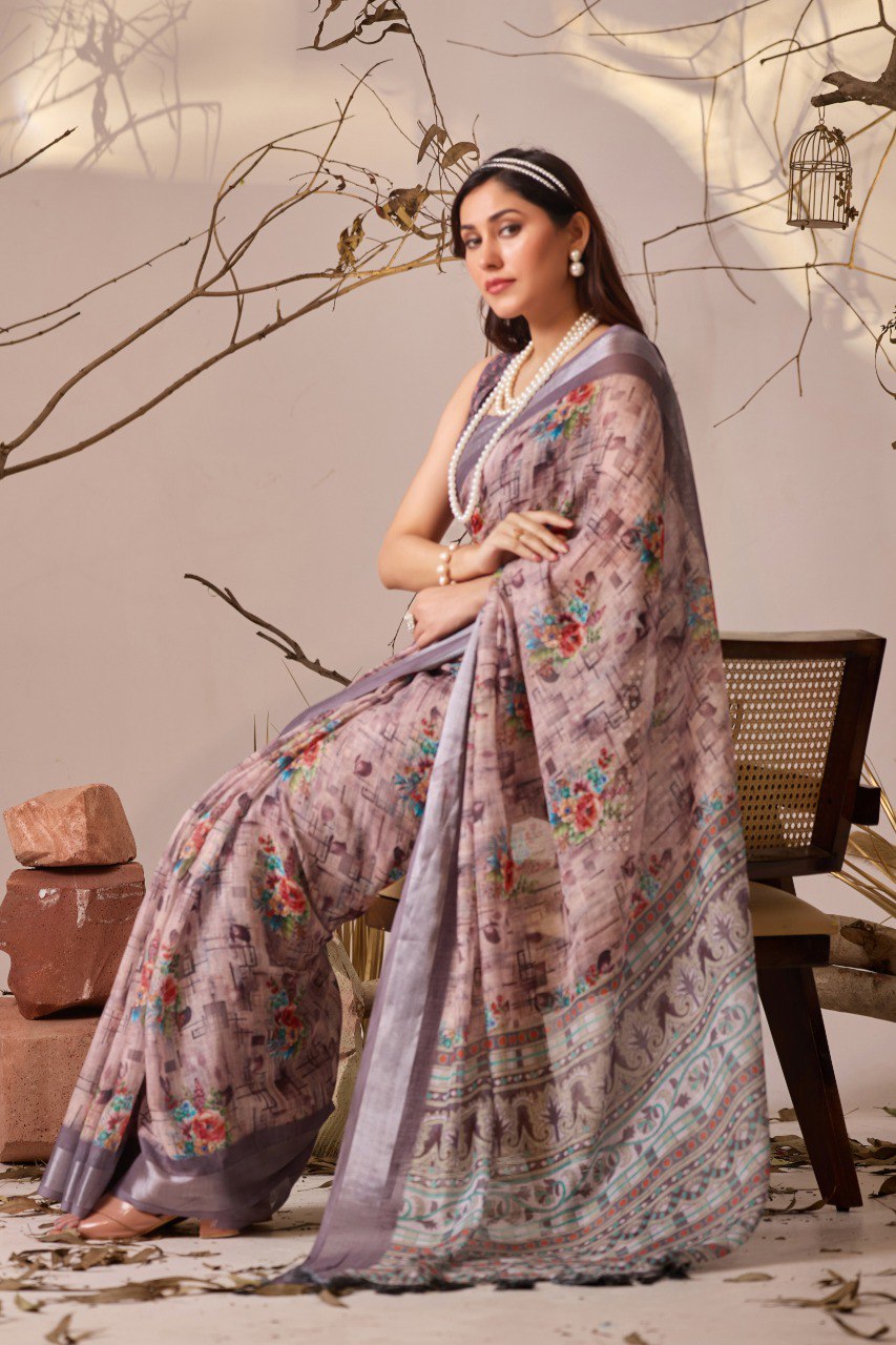 Graceful Printed Linen Cotton Saree