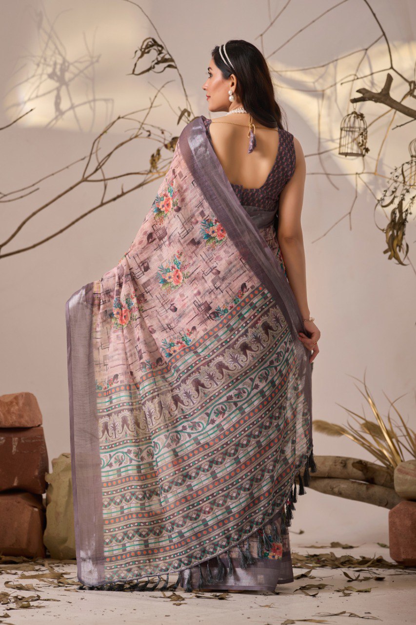 Graceful Printed Linen Cotton Saree