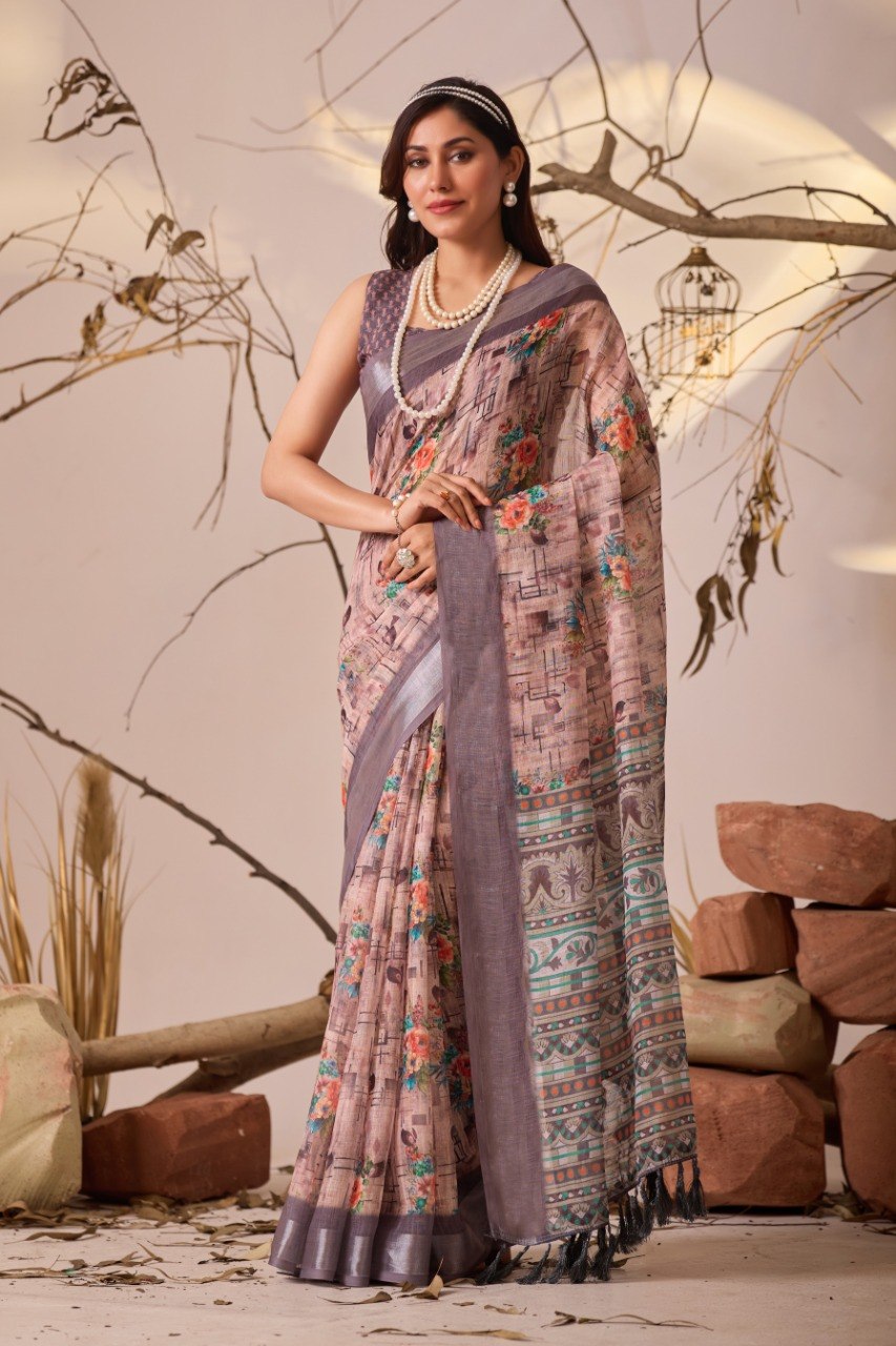 Graceful Printed Linen Cotton Saree