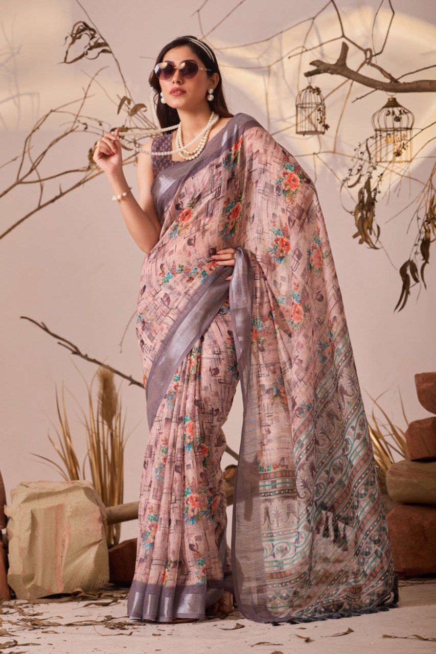 Graceful Printed Linen Cotton Saree