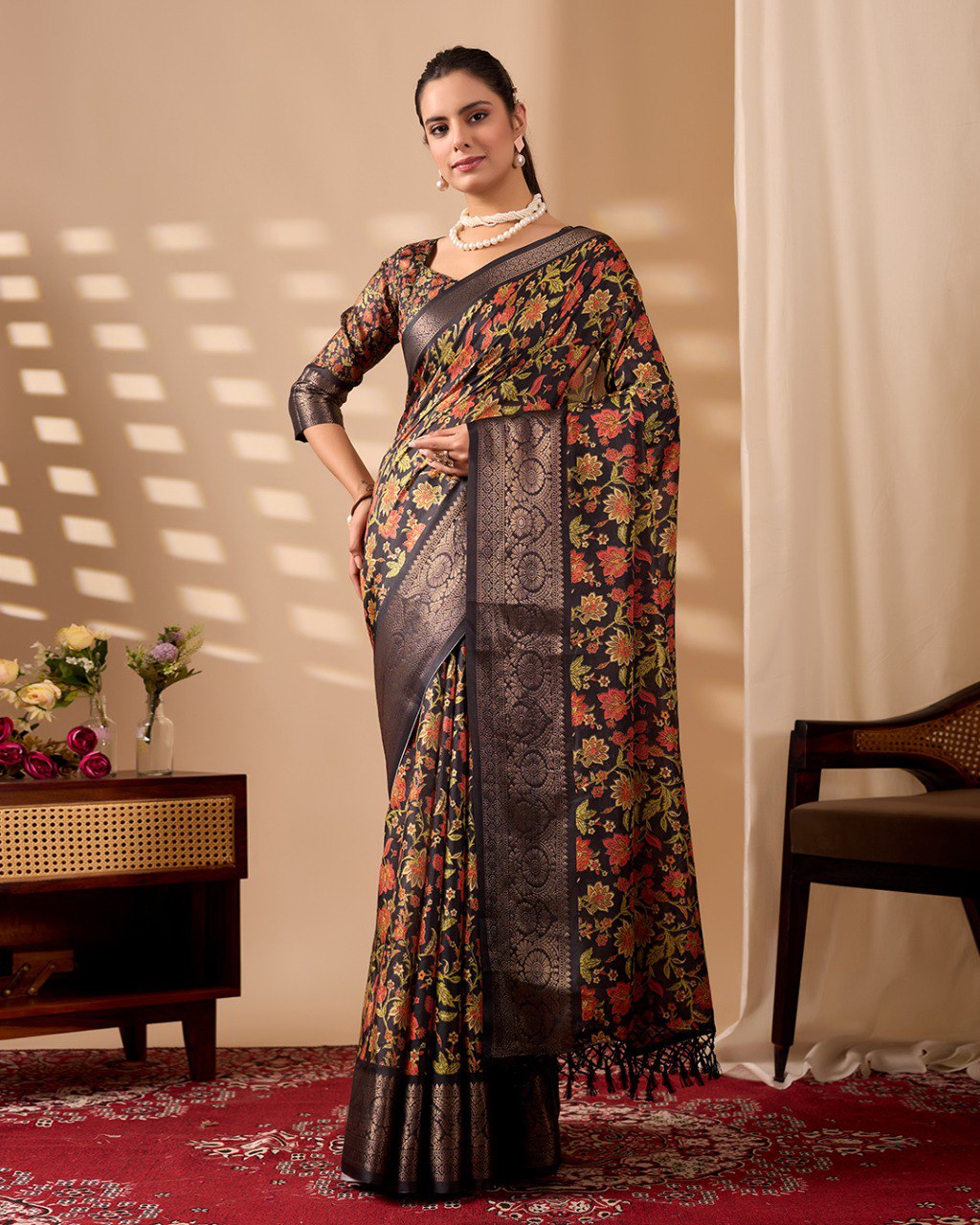 Midnight Bloom Lichi Silk Saree