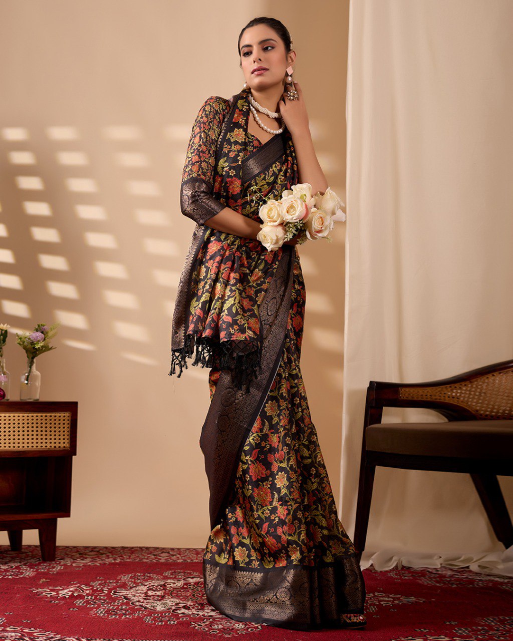 Midnight Bloom Lichi Silk Saree