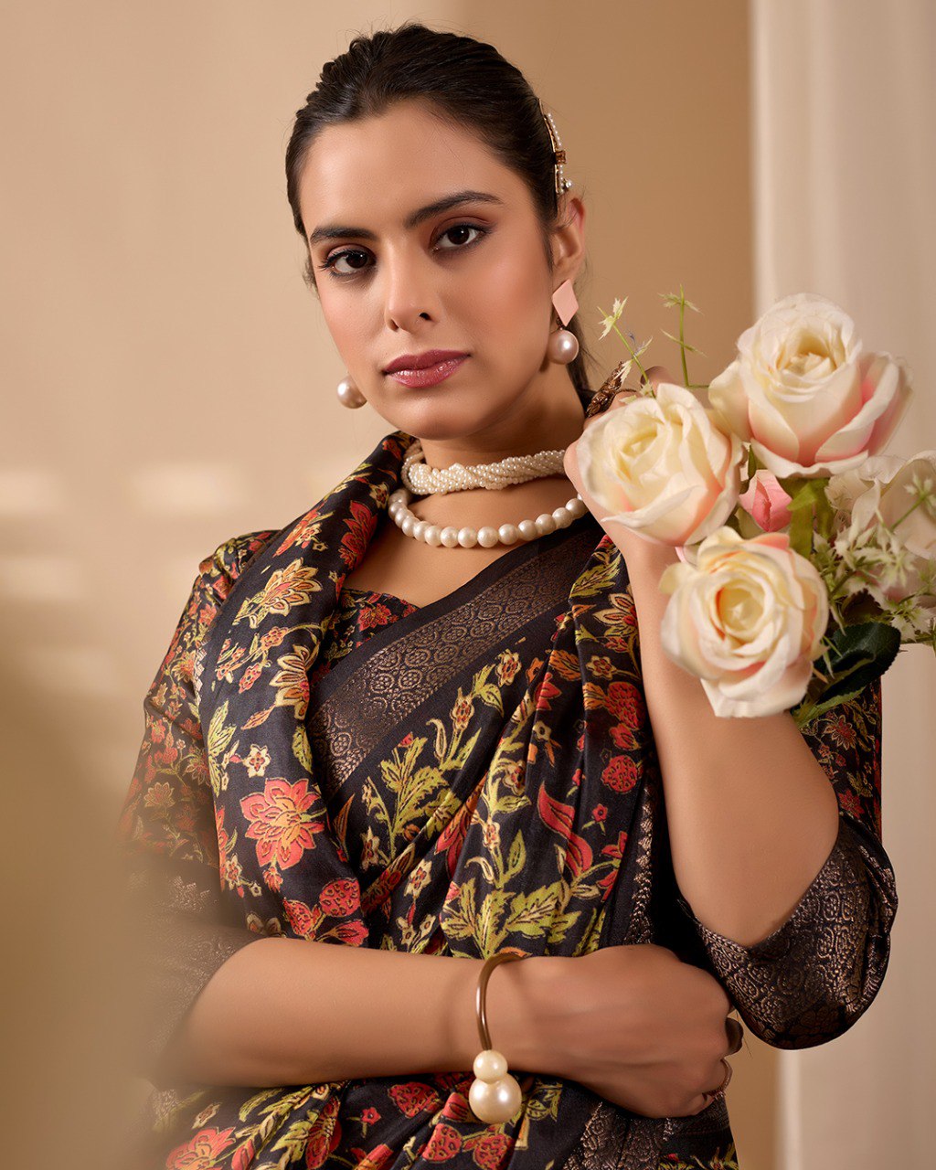 Midnight Bloom Lichi Silk Saree