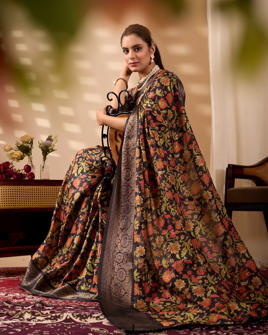 Midnight Bloom Lichi Silk Saree