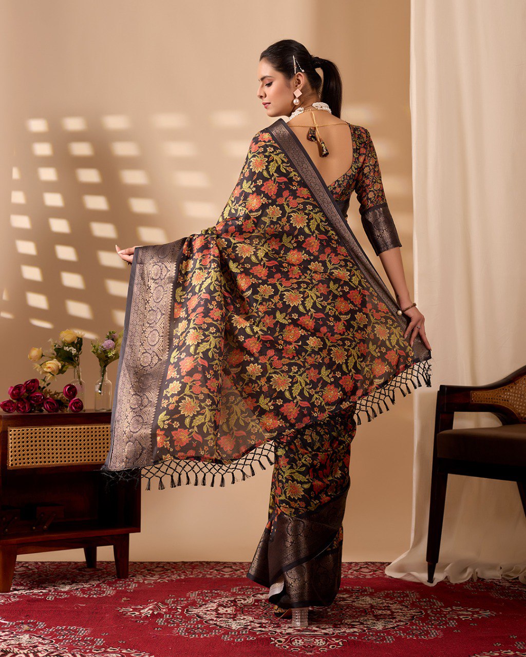 Midnight Bloom Lichi Silk Saree