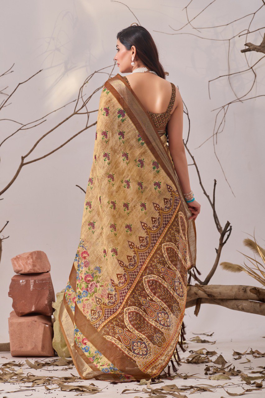 Premium Linen Cotton Printed Saree Set