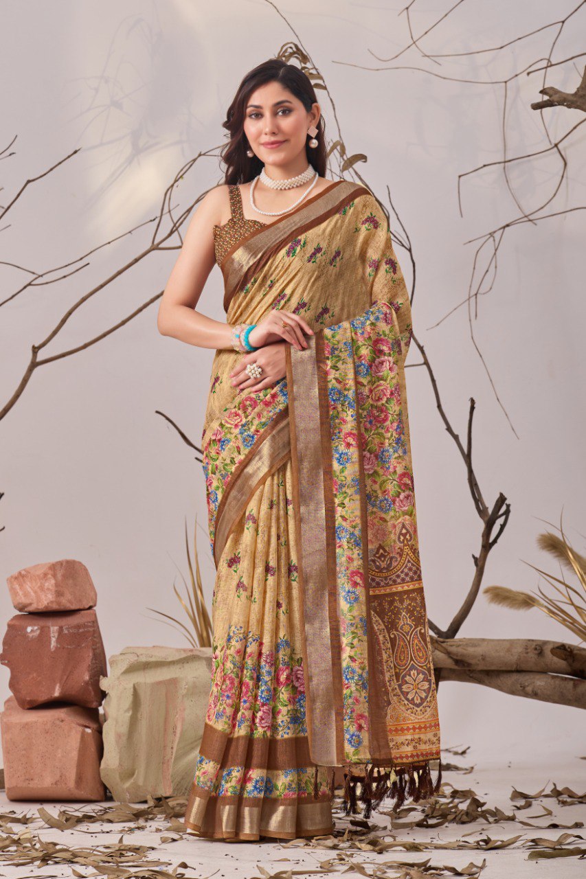Premium Linen Cotton Printed Saree Set