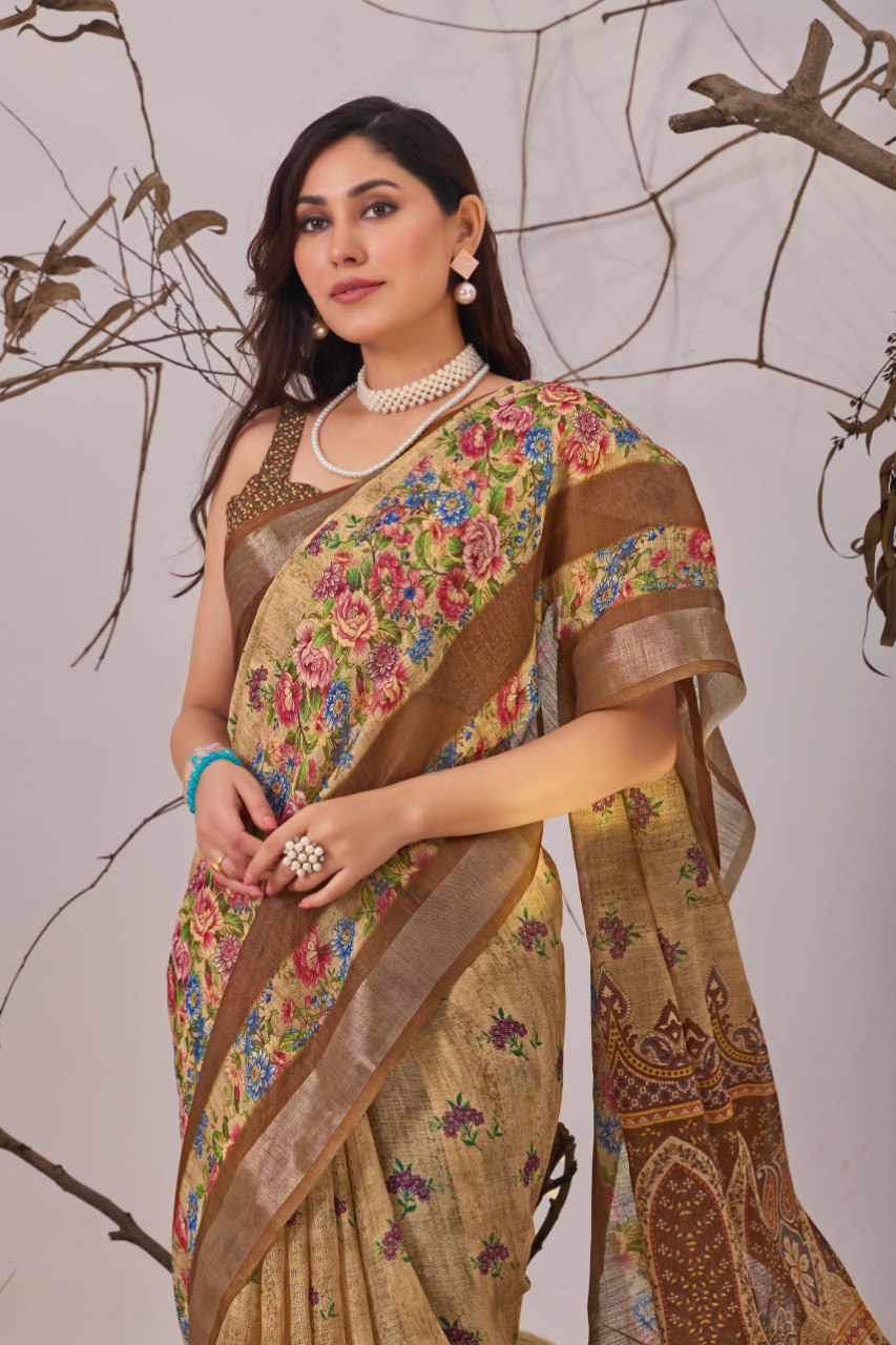 Premium Linen Cotton Printed Saree Set