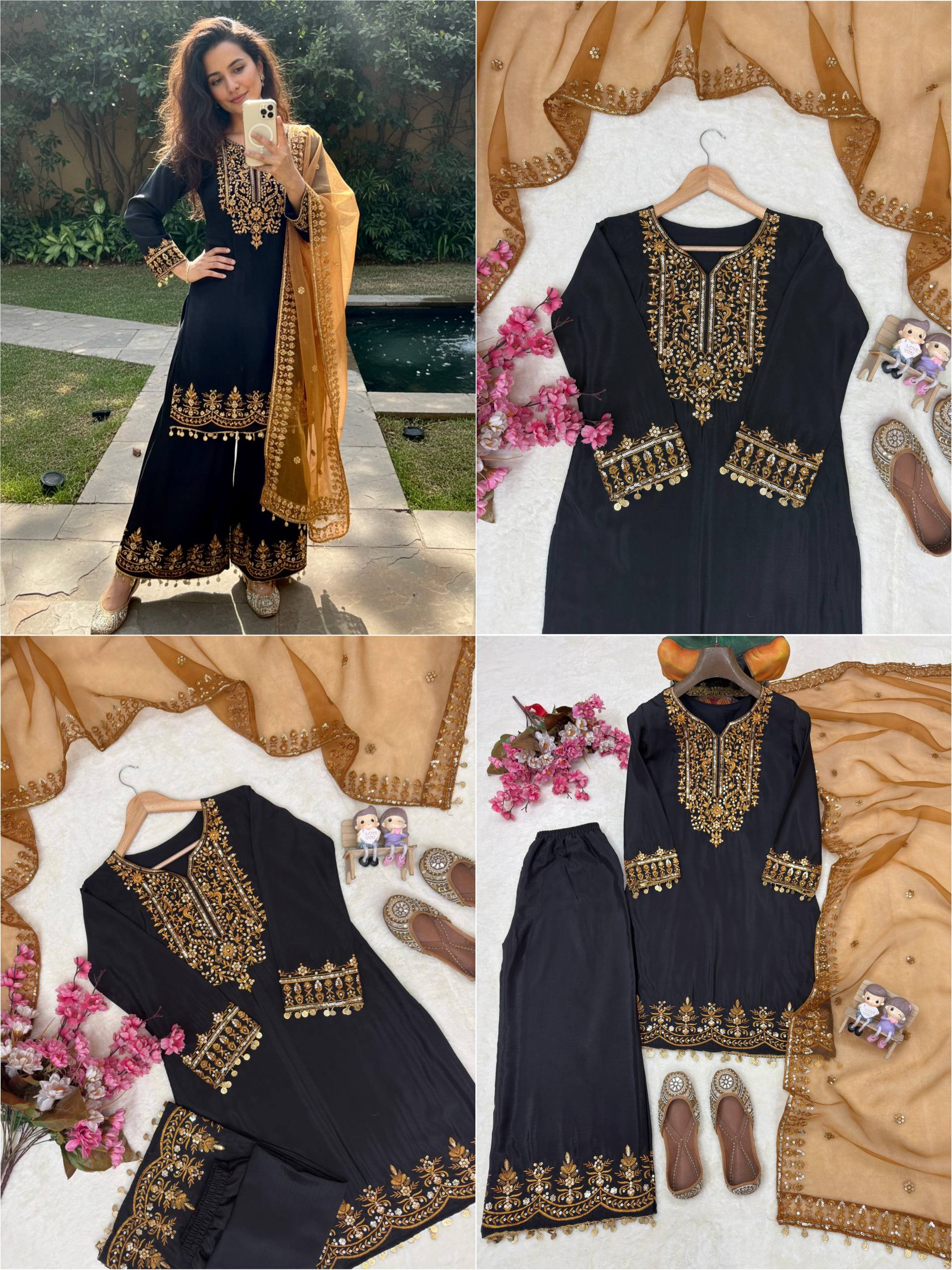 Black Chinon Silk Kurti Palazzo Set with Organza Dupatta Sequins Zari Work
