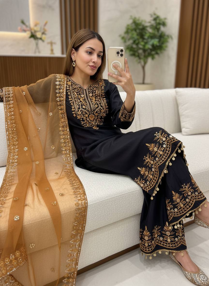Black Chinon Silk Kurti Palazzo Set with Organza Dupatta Sequins Zari Work