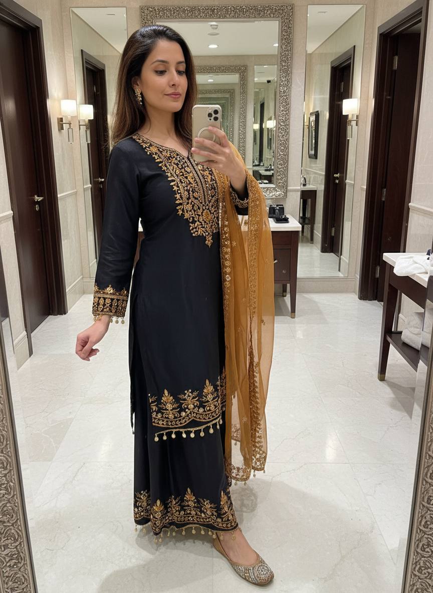 Black Chinon Silk Kurti Palazzo Set with Organza Dupatta Sequins Zari Work