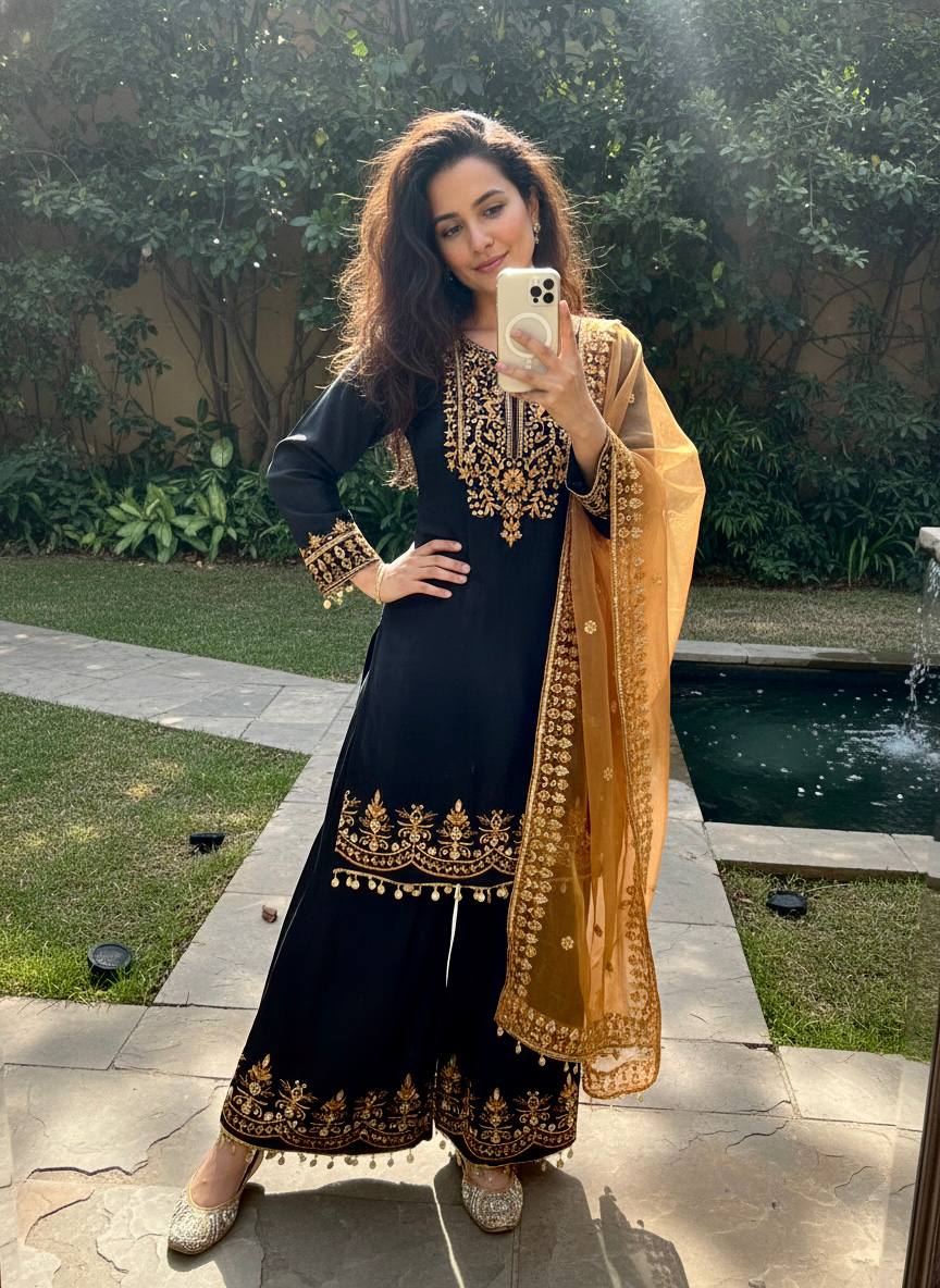 Black Chinon Silk Kurti Palazzo Set with Organza Dupatta Sequins Zari Work