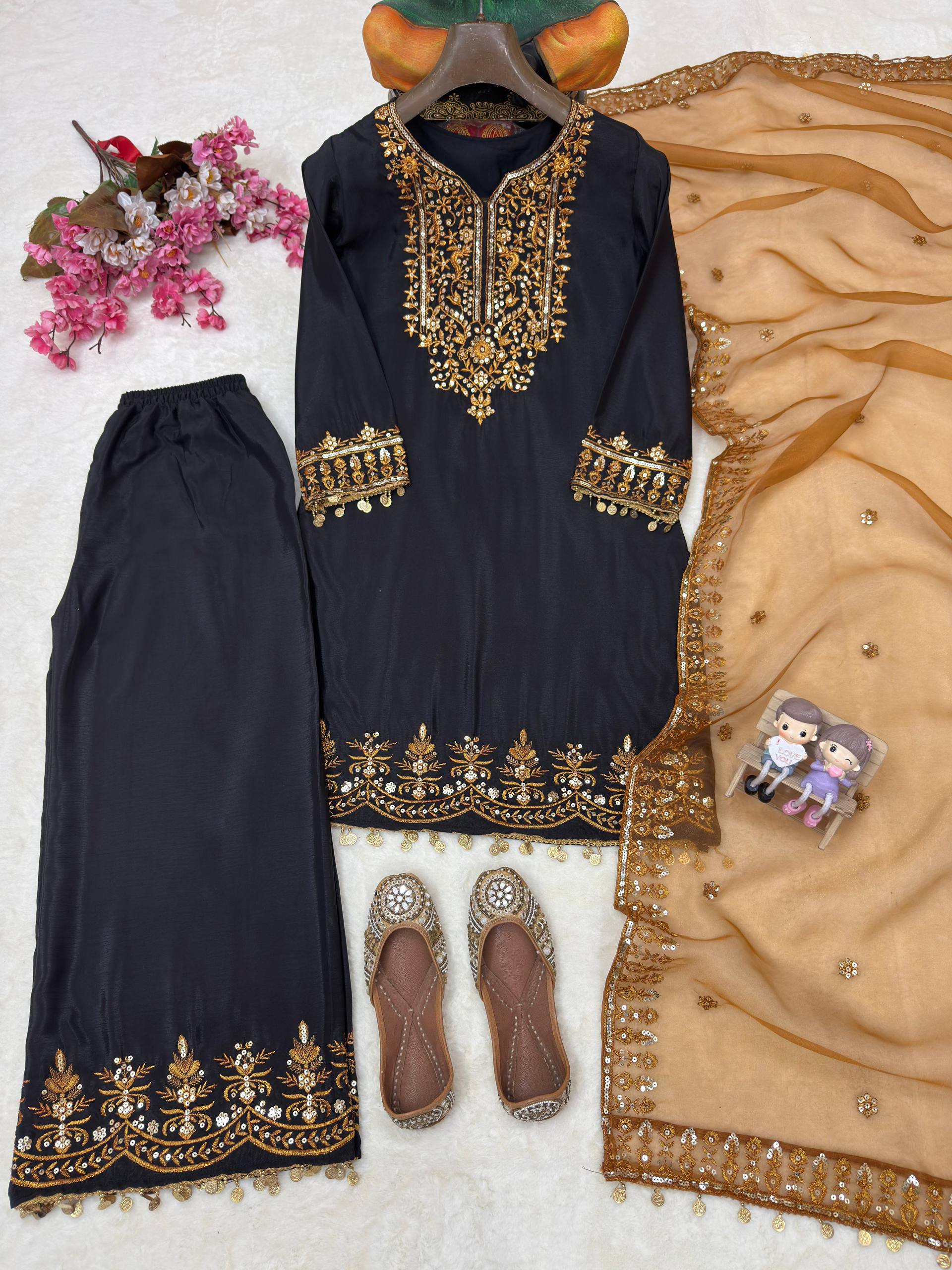 Black Chinon Silk Kurti Palazzo Set with Organza Dupatta Sequins Zari Work