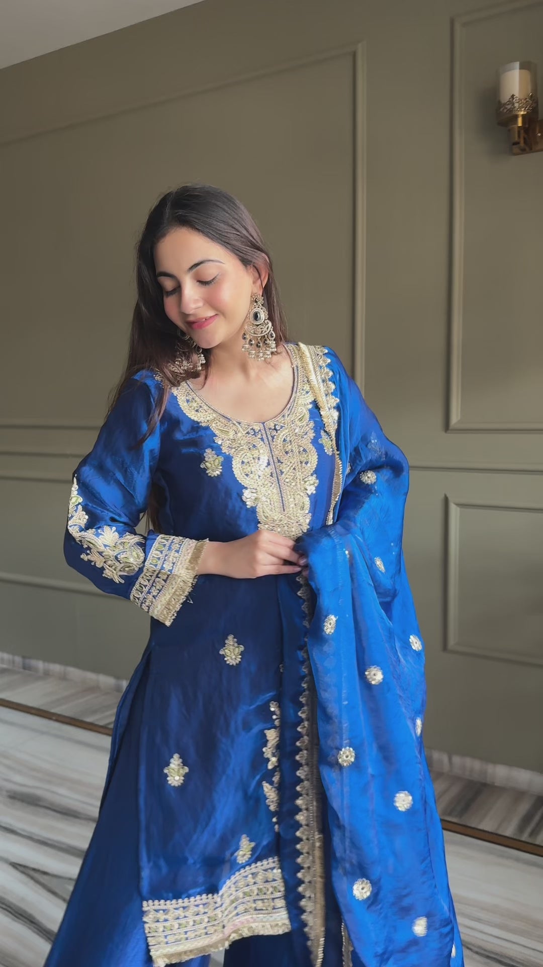 Pink & Dark Blue Fendi Satin Kurti Palazzo Set with Dupatta Embroidered Designer Wear