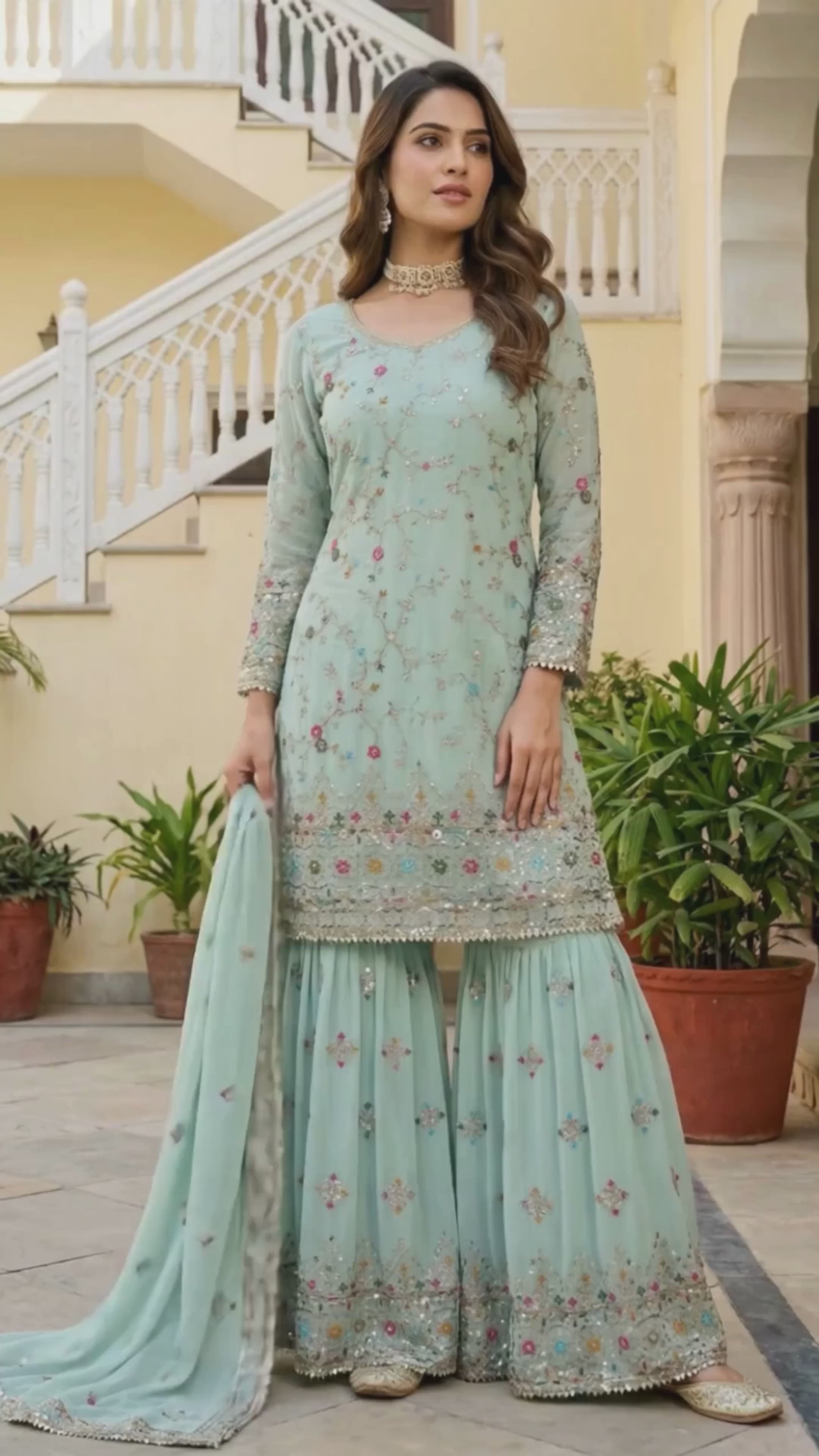 Mint Elegance Embroidered Sharara Set