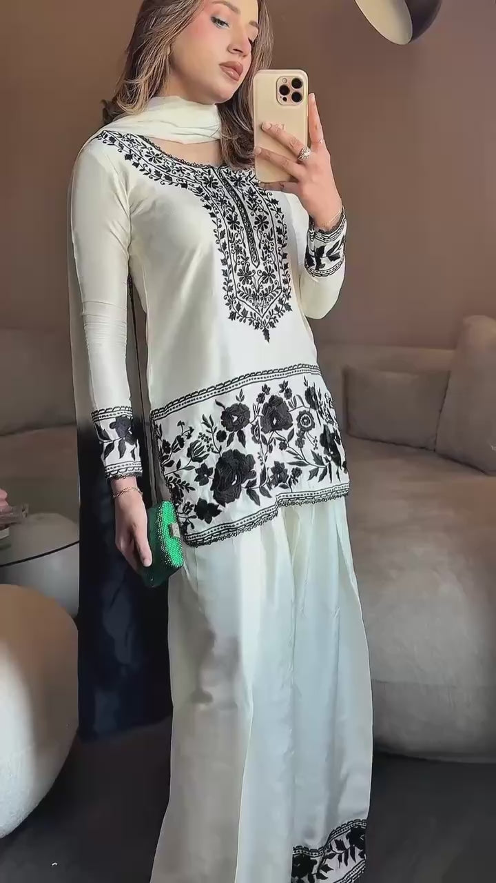 White Natural Crepe Kurti Farshi Palazzo Set with Georgette Dupatta Embroidered Ethnic Wear