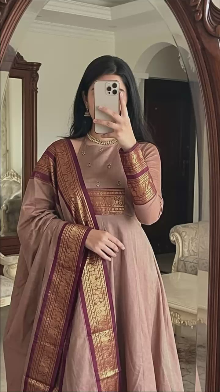 Brown Pattu Cotton Anarkali Kurti Set with Dupatta Zari Border Traditional Wear