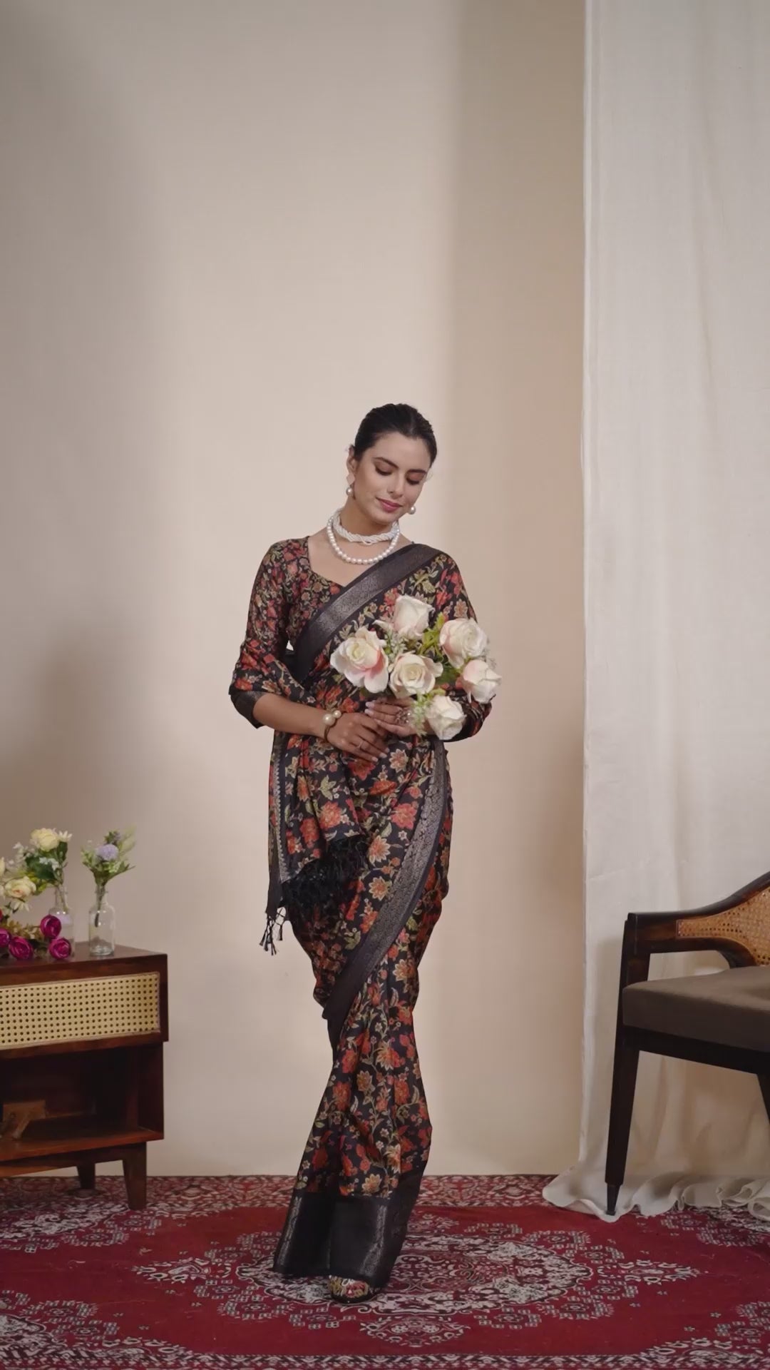 Midnight Bloom Lichi Silk Saree
