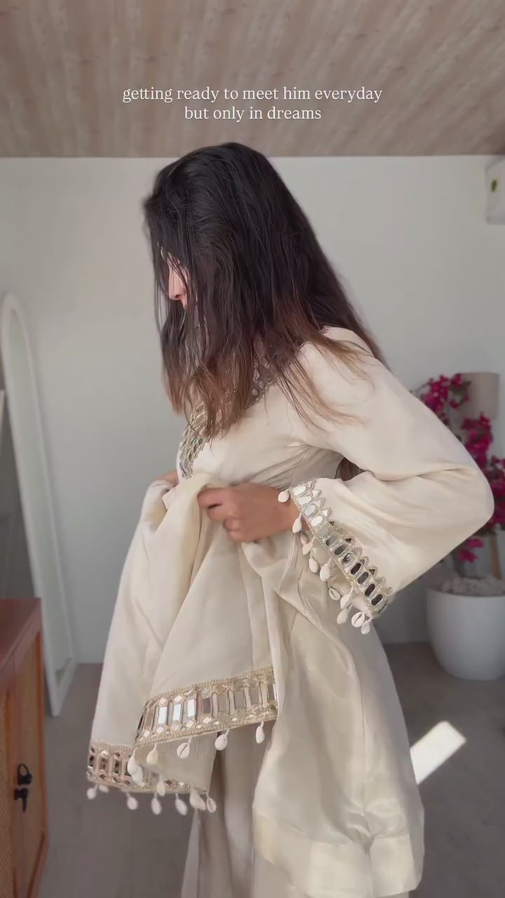 Off White Organza Silk Kurti Sharara Set with Dupatta Mirror Work Ethnic Wear