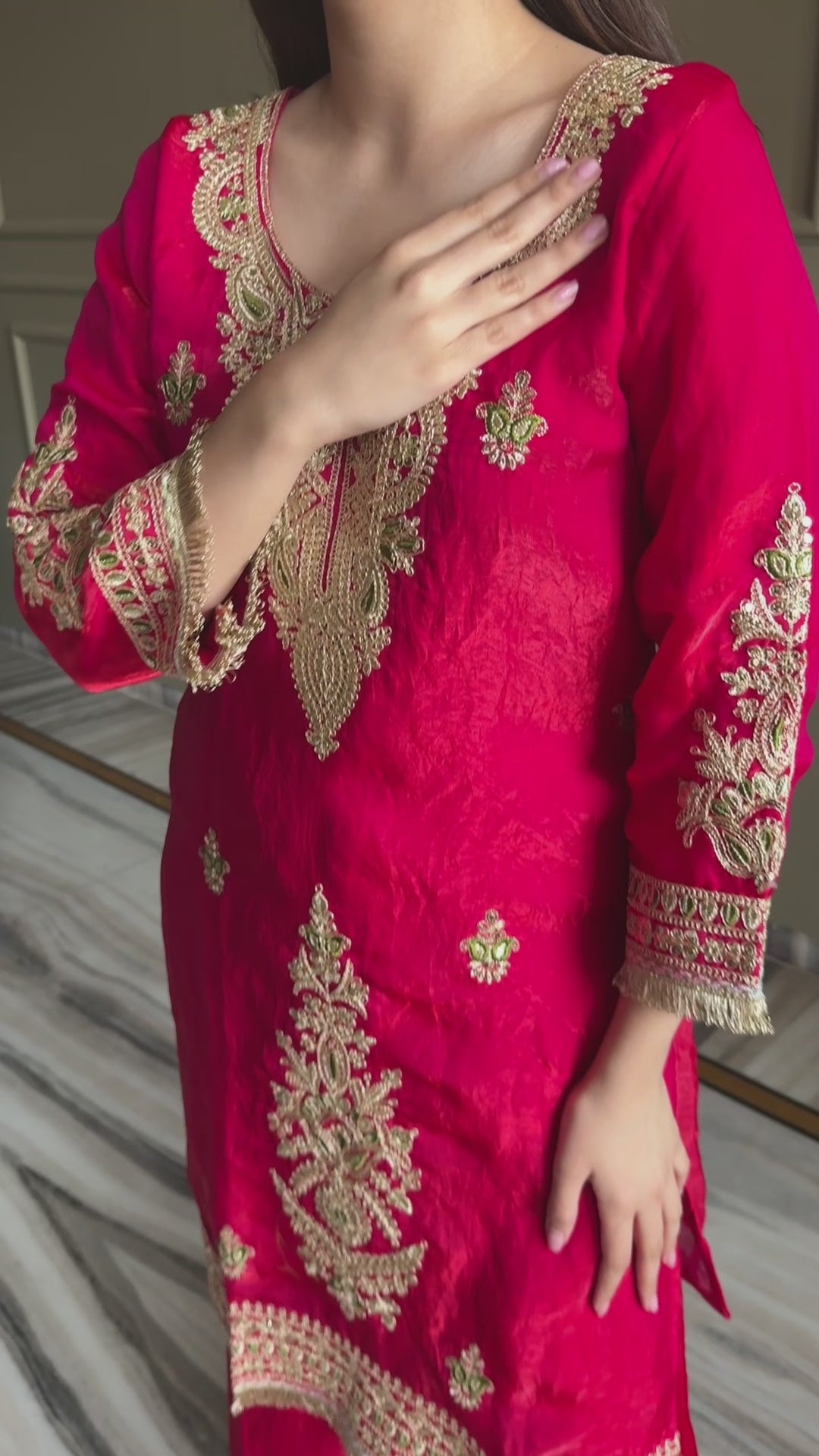 Pink & Dark Blue Fendi Satin Kurti Palazzo Set with Dupatta Embroidered Designer Wear