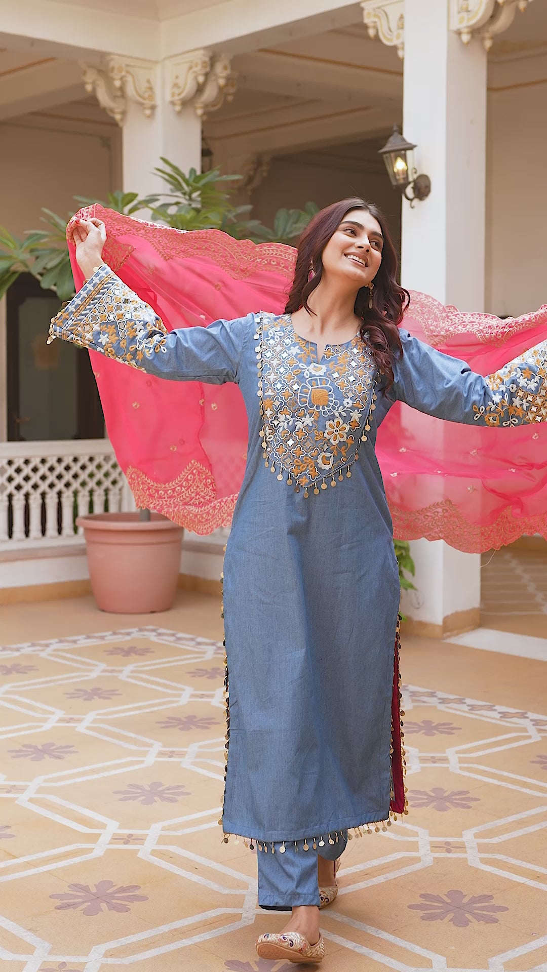 Blue Denim Cotton Kurti Set with Dupatta Embroidered Mirror Work Ethnic Wear